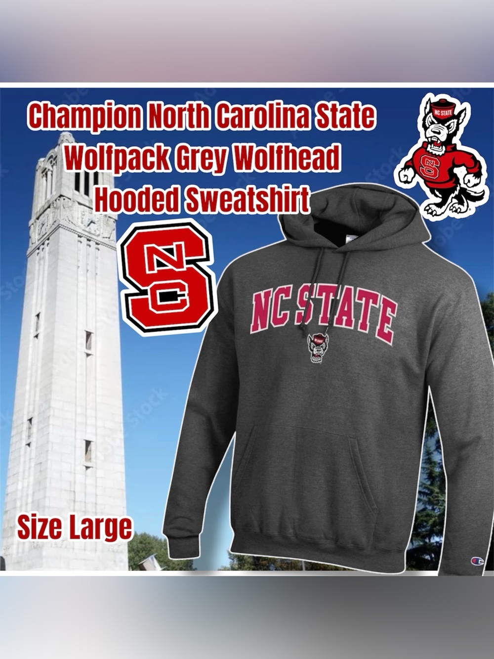 North Carolina State Wolfpack Champion Grey Wolfhead Hooded Sweatshirt, Size Lrg